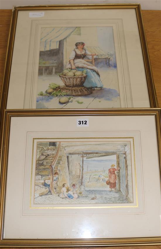 Davis. A pair of watercolours of peasant girls and a watercolour of a family fishing, 35 x 24cm